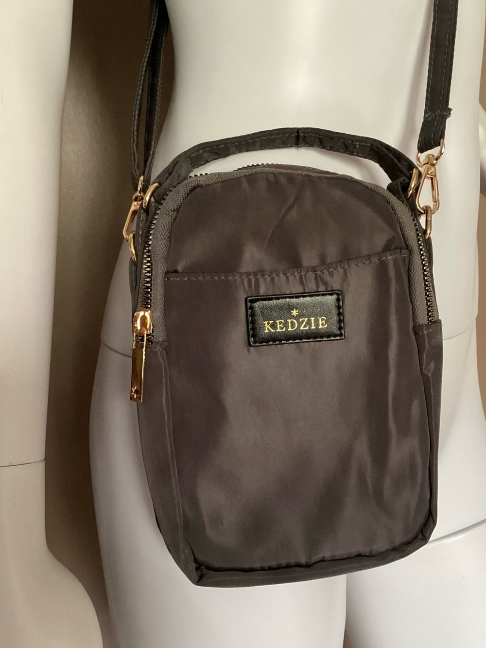 Kedzie Gray Nylon Crossbody Bag with Gold Hardware